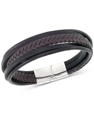 LEGACY for MEN by Simone I. Smith Men's Black & Brown Multi-Row Leather Bracelet in Stainless Steel