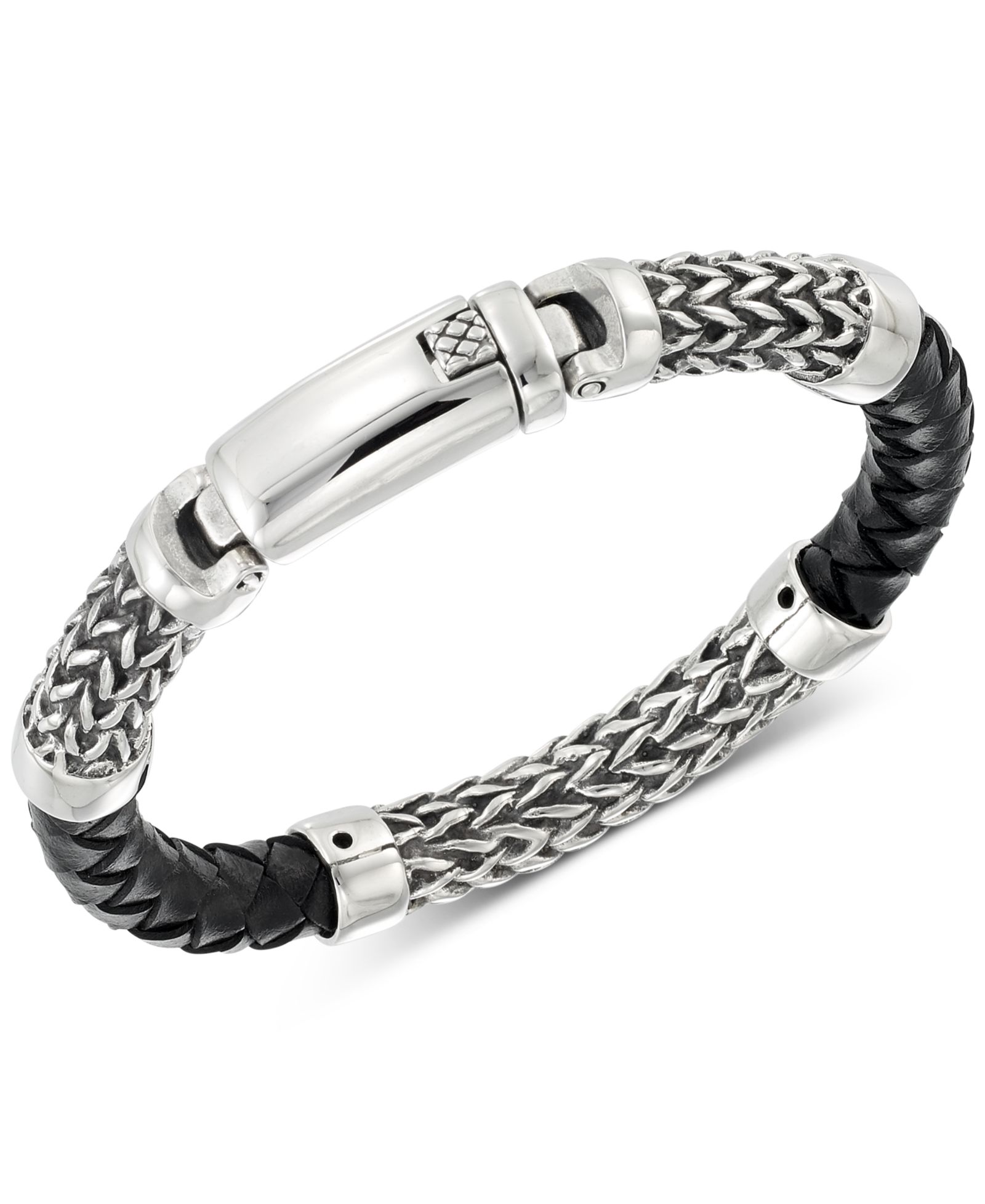 LEGACY for MEN by Simone I. Smith Black Leather Bracelet in Stainless Steel