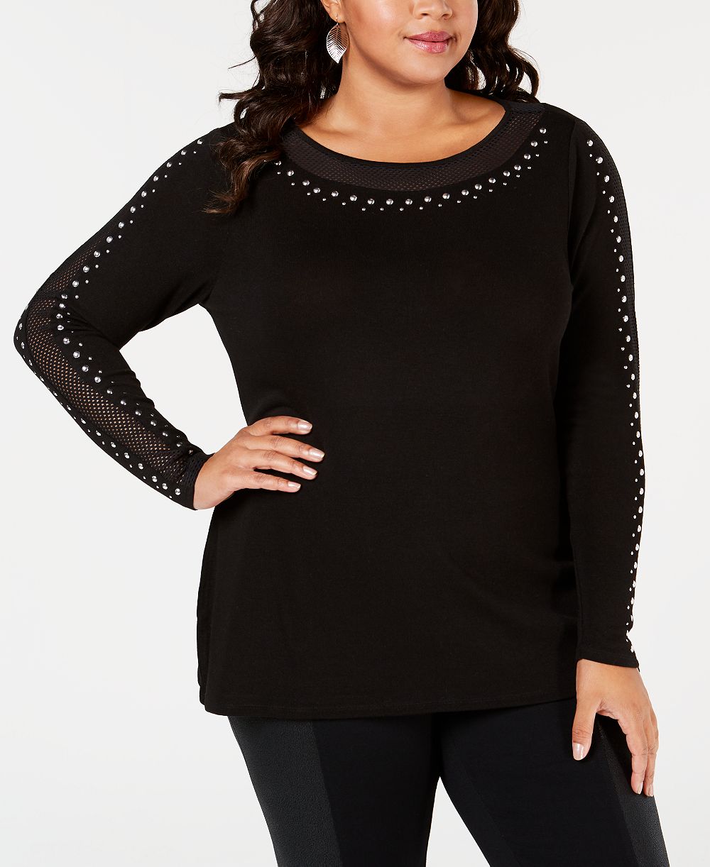 Belldini Plus Size Studded Mesh-Inset Tunic Sweater