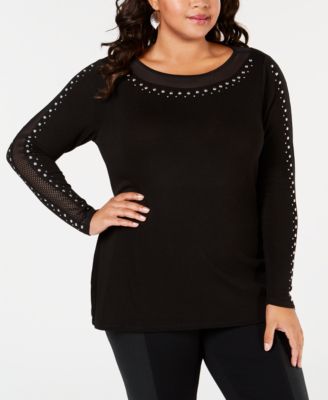 Belldini Plus Size Studded Mesh-Inset Tunic Sweater
