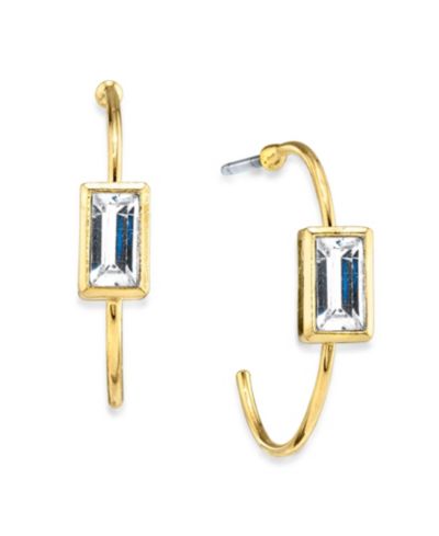 2028 14K Gold-tone Square Crystal Open Hoop Stainless Steel Post Small Earrings