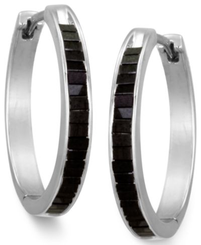 Sterling Silver Earrings, Black Diamond Baguette Hoop Earrings (1 ct. t.w.)