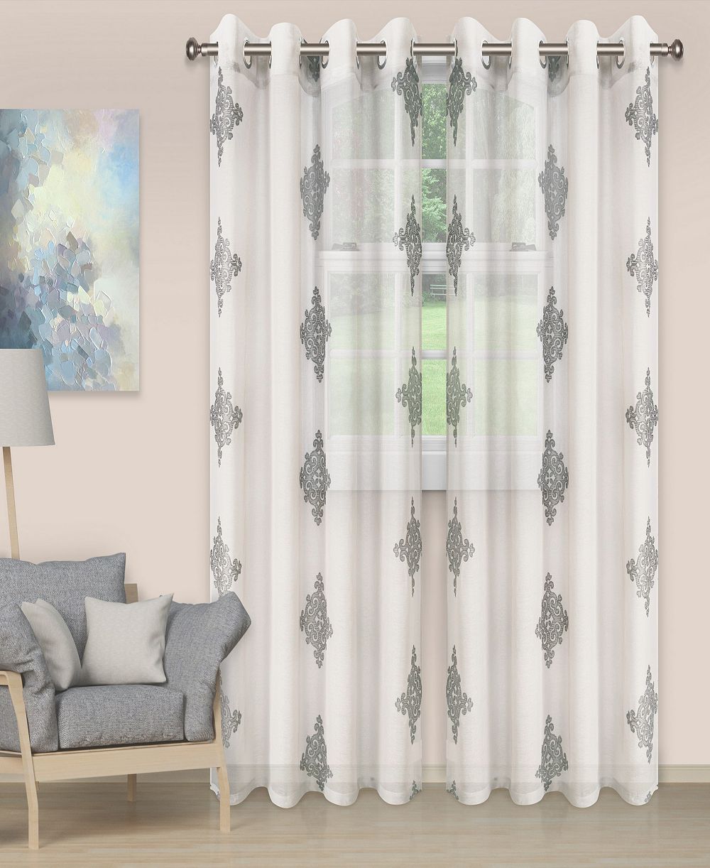 Superior Damask Embroidered Sheer Grommet 2-Panel Curtain Set, 52"x108"