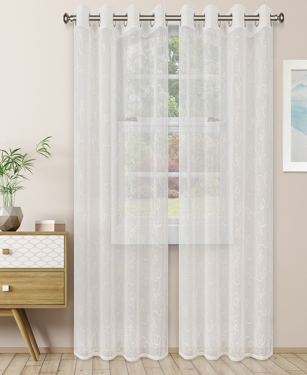 Superior Floral Scroll Sheer 2 Curtain Panels Grommet, 52" x 63"