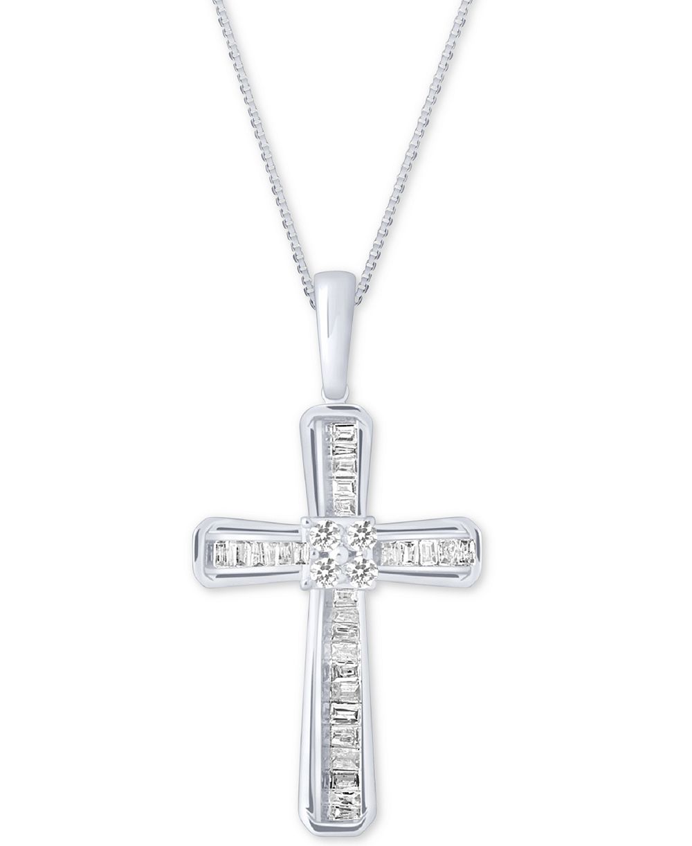 Diamond Baguette Cross Adjustable Pendant Necklace (1/5 ct. t.w) in 10k White or Yellow Gold