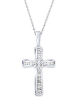 Diamond Baguette Cross Adjustable Pendant Necklace (1/5 ct. t.w) in 10k White or Yellow Gold