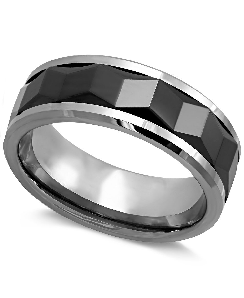 Men's Stainless Steel Ring, Black Ceramic Ridged Ring