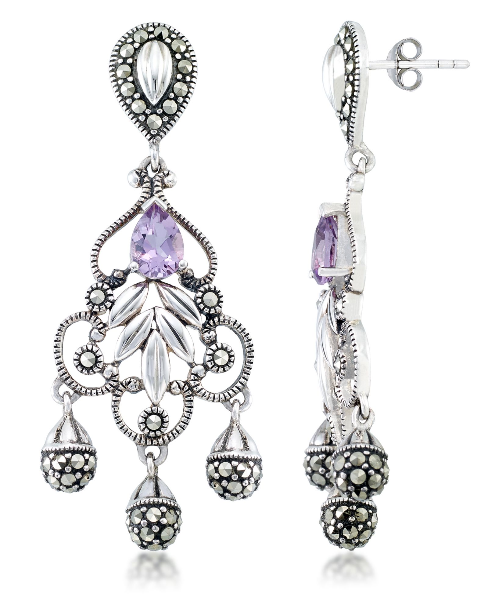 Серьги-люстры Amethyst (1 ct. t.w.) & Marcasite в стерлинговом серебре