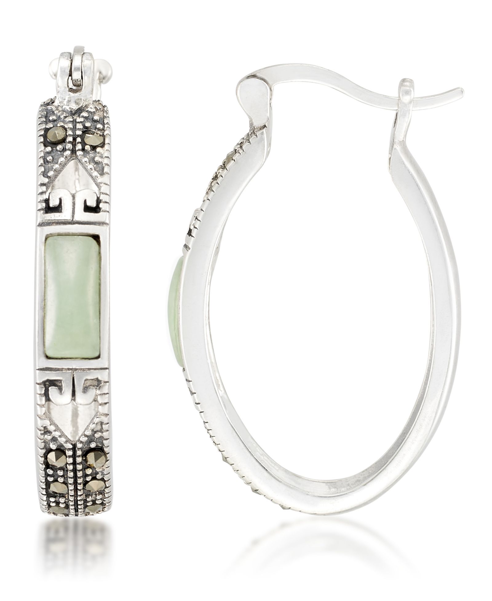 Серьги-кольца Jade (7.5 x 5.3mm) & Marcasite Oval в стерлинговом серебре
