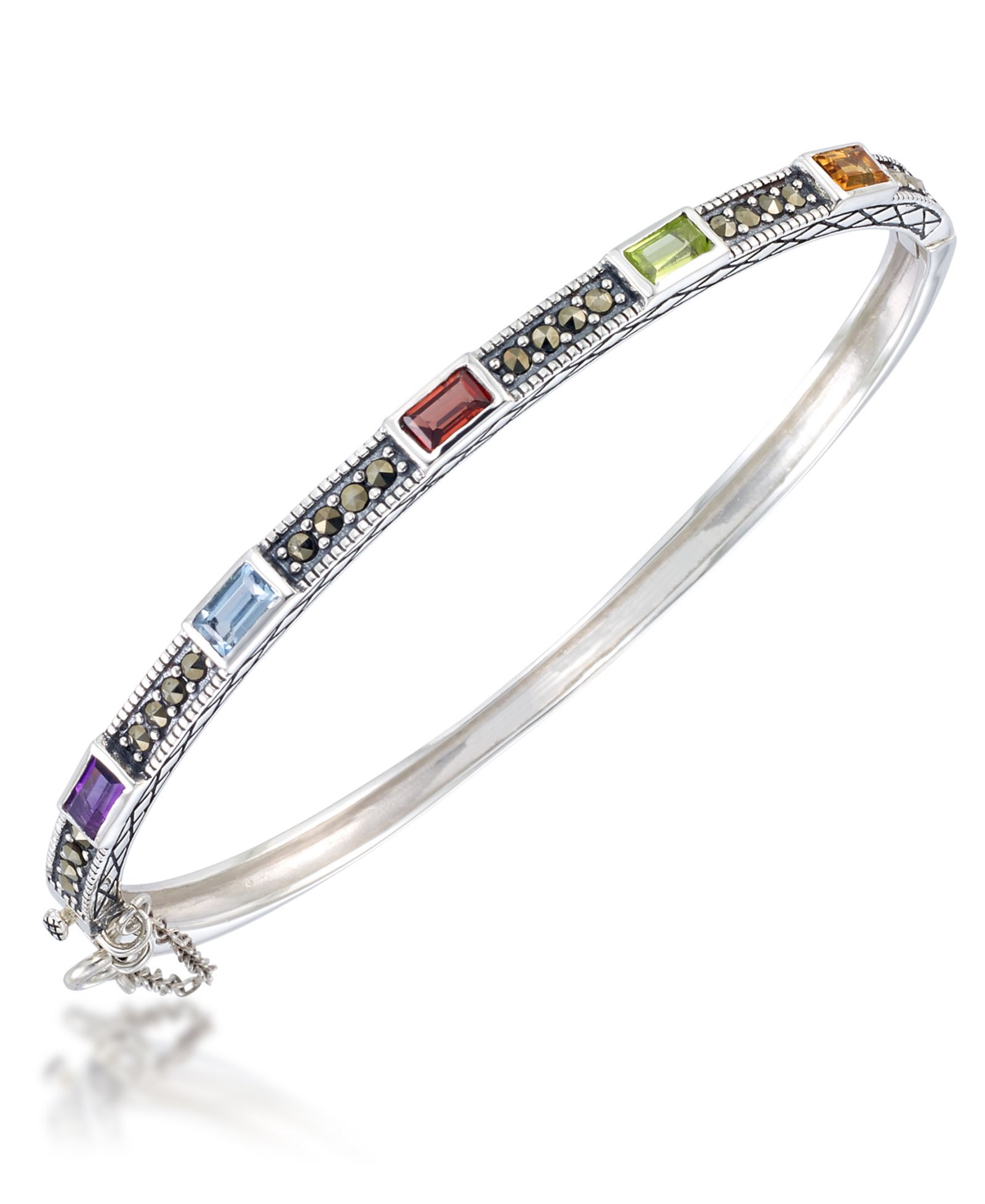 Multi-Color Stones &  Marcasite Bangle in Sterling Silver