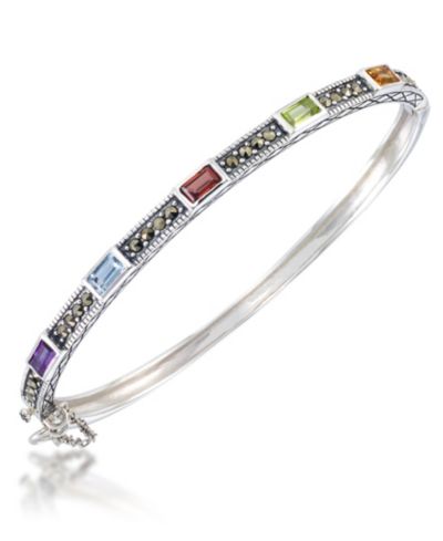 Multi-Color Stones &  Marcasite Bangle in Sterling Silver