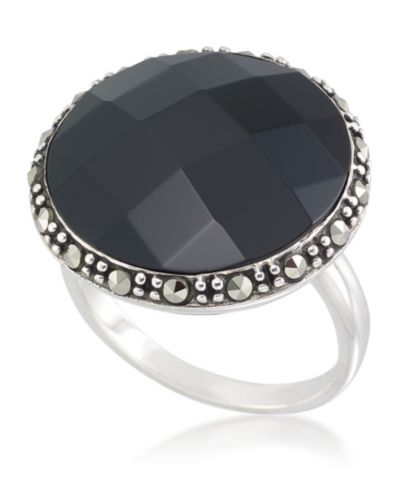 Faceted Onyx (18 x 5mm) & Marcasite Ring in Sterling Silver