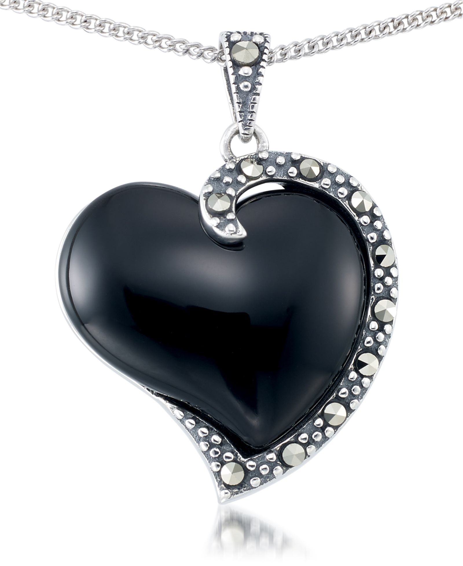 Подвеска Onyx (17X15mm) & Marcasite Heart в Sterling Silver