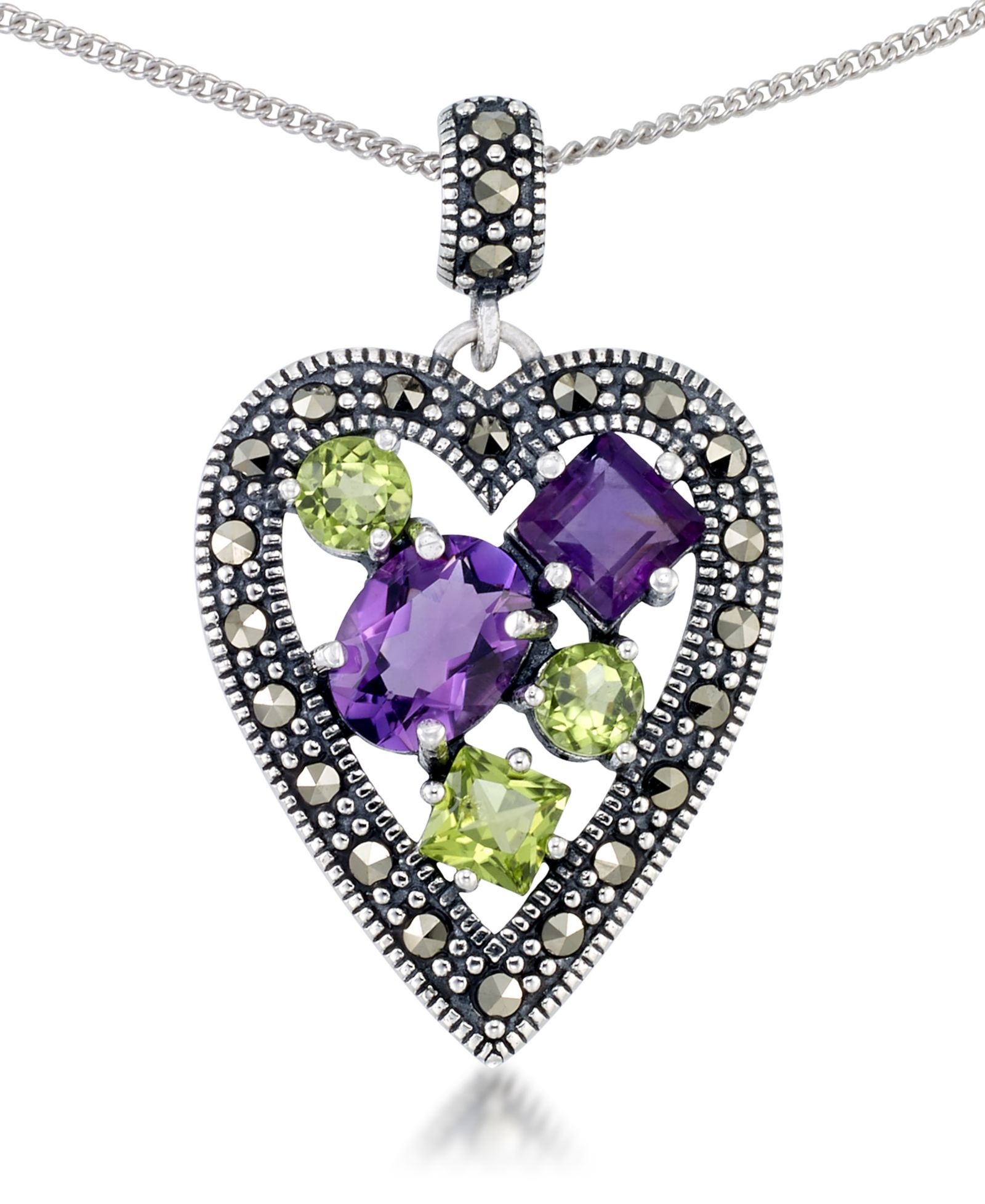 Подвеска-кулон Marcasite Heart (Amethyst 1-5/8 ct. t.w. & Peridot 1-1/3 ct. t.w.) на цепочке 18" из стерлингового серебра