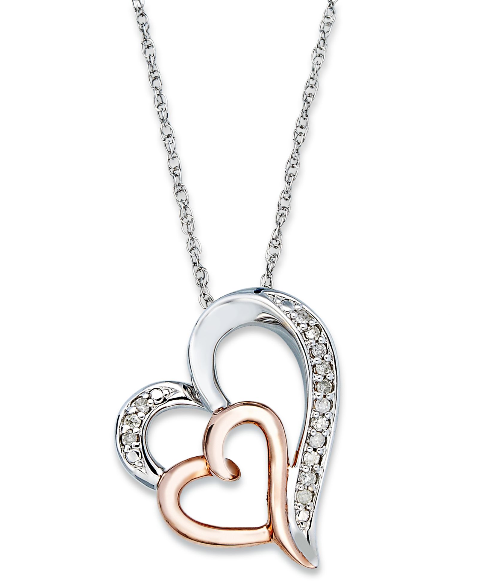 Diamond Double Heart Pendant Necklace in Sterling Silver and 14k Rose Gold  (1/10 ct. t.w.)