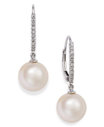 Honora серьги с культивированным речным жемчугом (10mm) и бриллиантом (1/10 ct.t.w), 14k White Gold