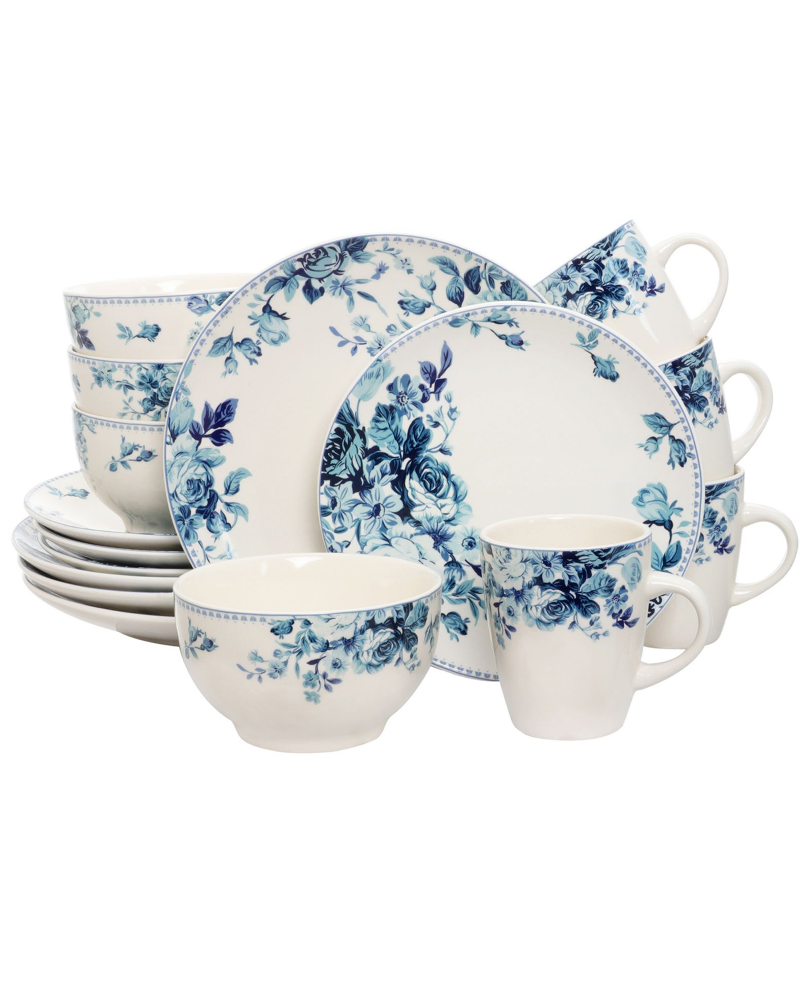 Elama Blue Rose 16 Pc. Dinnerware Set, Service for 4