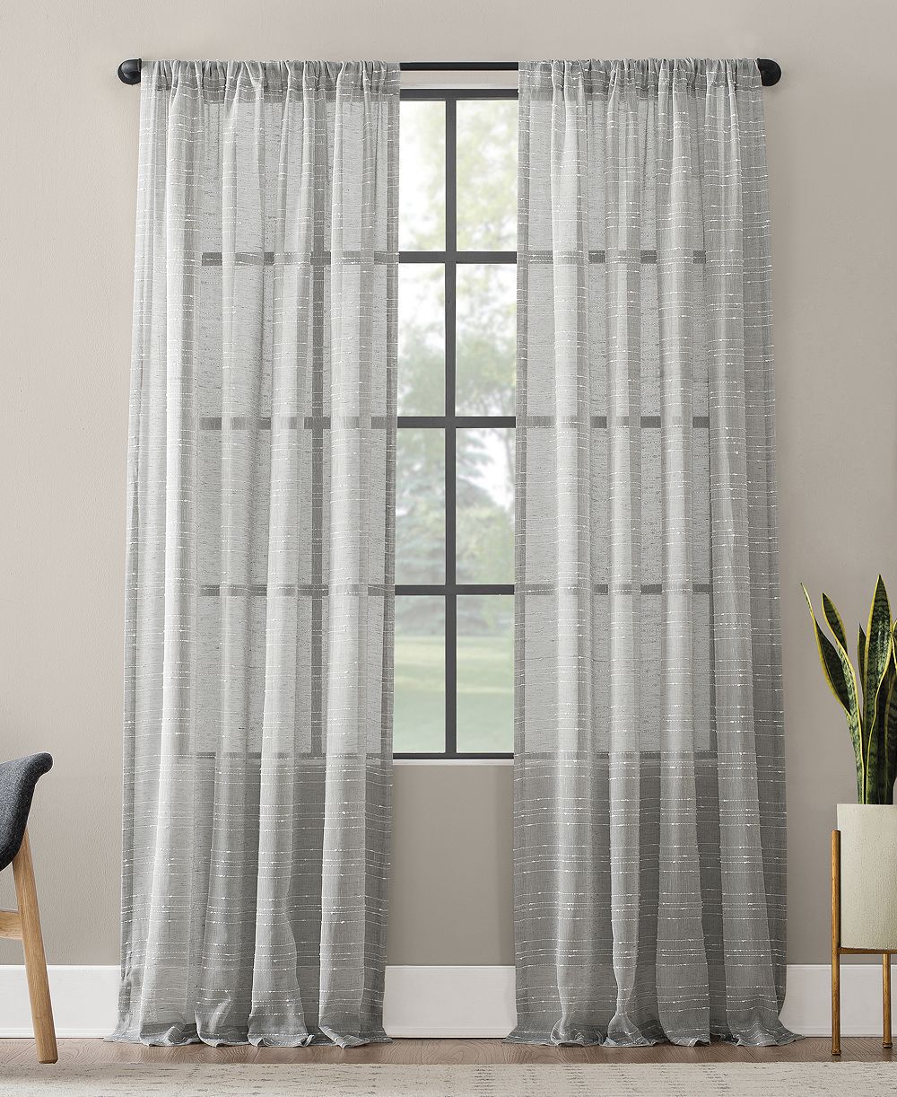 Textured Slub Stripe Anti-Dust Linen Blend Sheer Curtain Panel