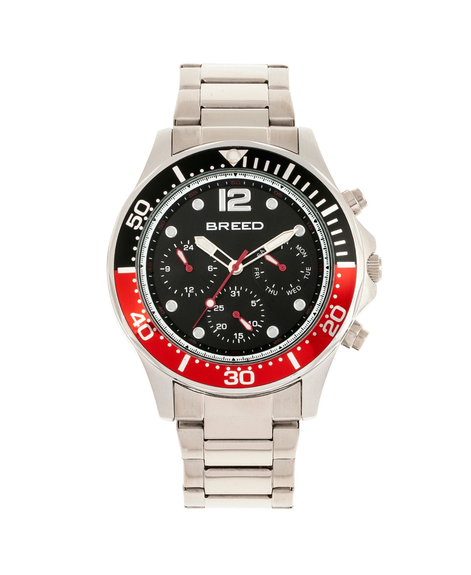 Мультифункциональные серебряные часы Breed Quartz Pegasus Black and Red Face 46mm