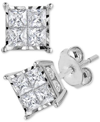 Macy's Серьги-гвоздики TruMiracle™ Diamond Princess Cluster (1 ct. t.w.) в 14k White, Yellow or Rose Gold