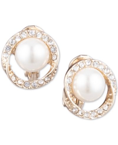 Anne Klein Gold-Tone Pavé & Imitation Pearl Halo E-Z Comfort Clip-On Button Earrings