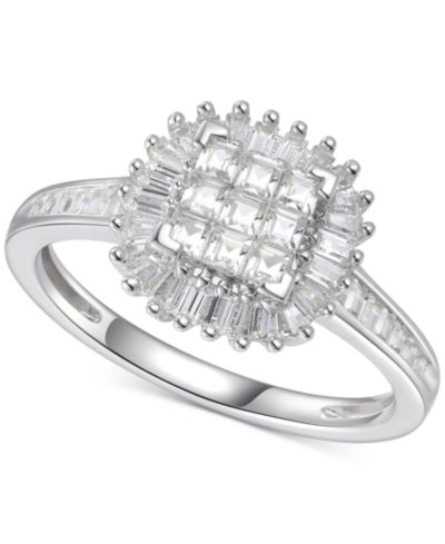 Cubic Zirconia кольцо с квадратным кластером и багетным ореолом, Sterling Silver
