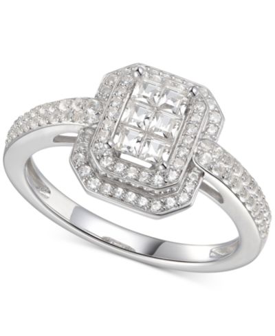 Кольцо Cubic Zirconia Square Cluster Double Halo Sterling Silver