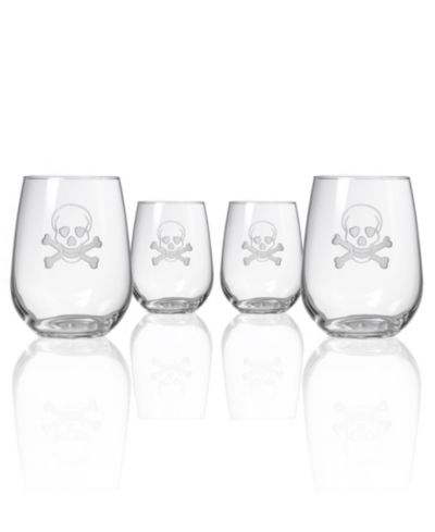 Rolf Glass Skull and Crossbones Stemless Wine Tumbler 17oz - Set of 4 Glasses