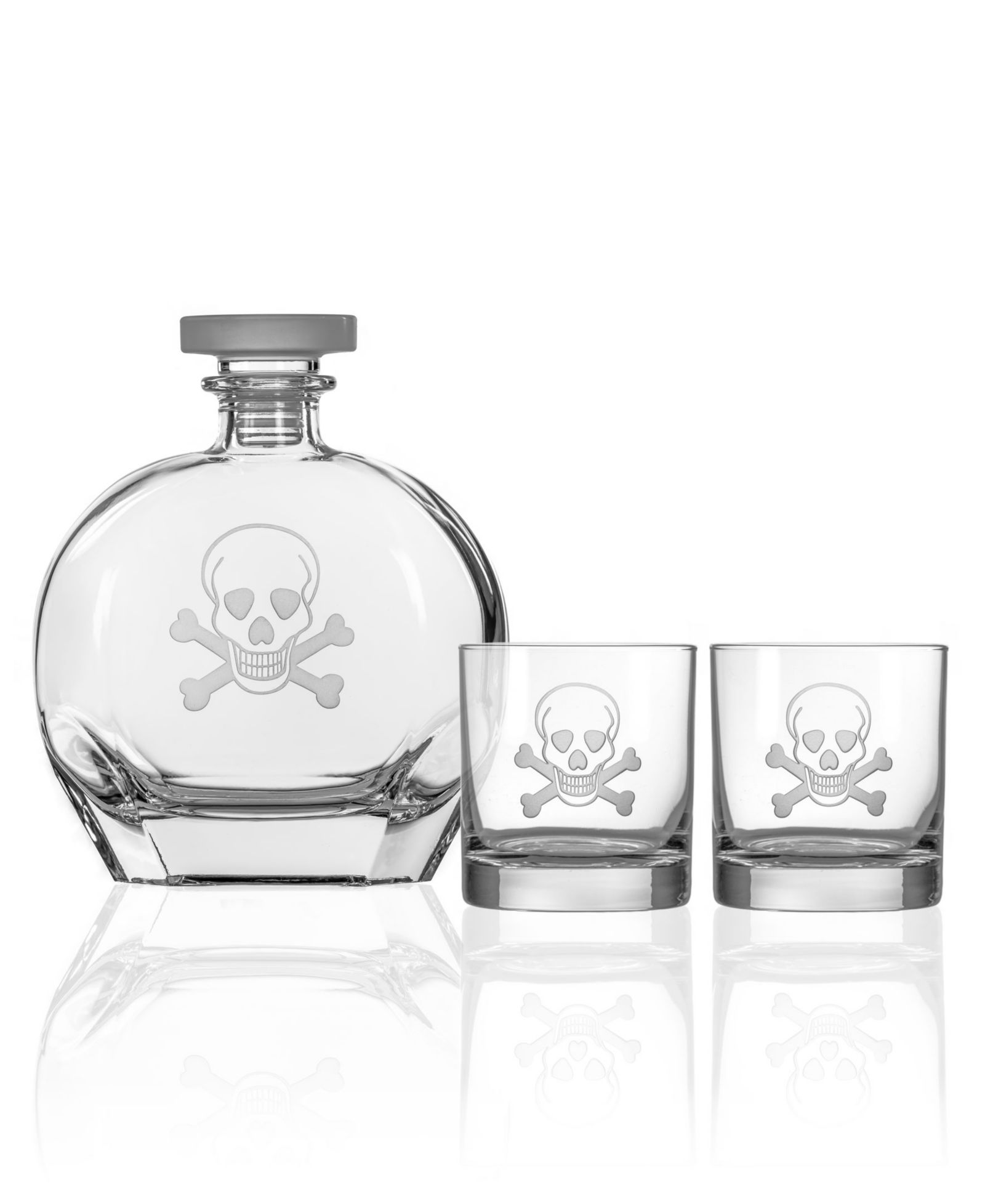 Rolf Glass Skull And Crossbones 3 Piece Gift Set - Whiskey Decanter And Rocks Glasses
