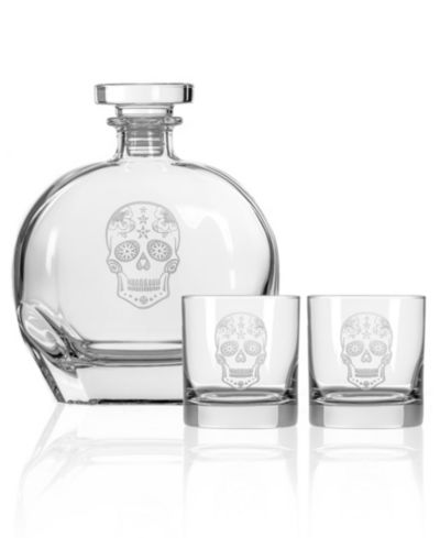 Rolf Glass Sugar Skull 3 Piece Gift Set - Whiskey Decanter And Rocks Glasses