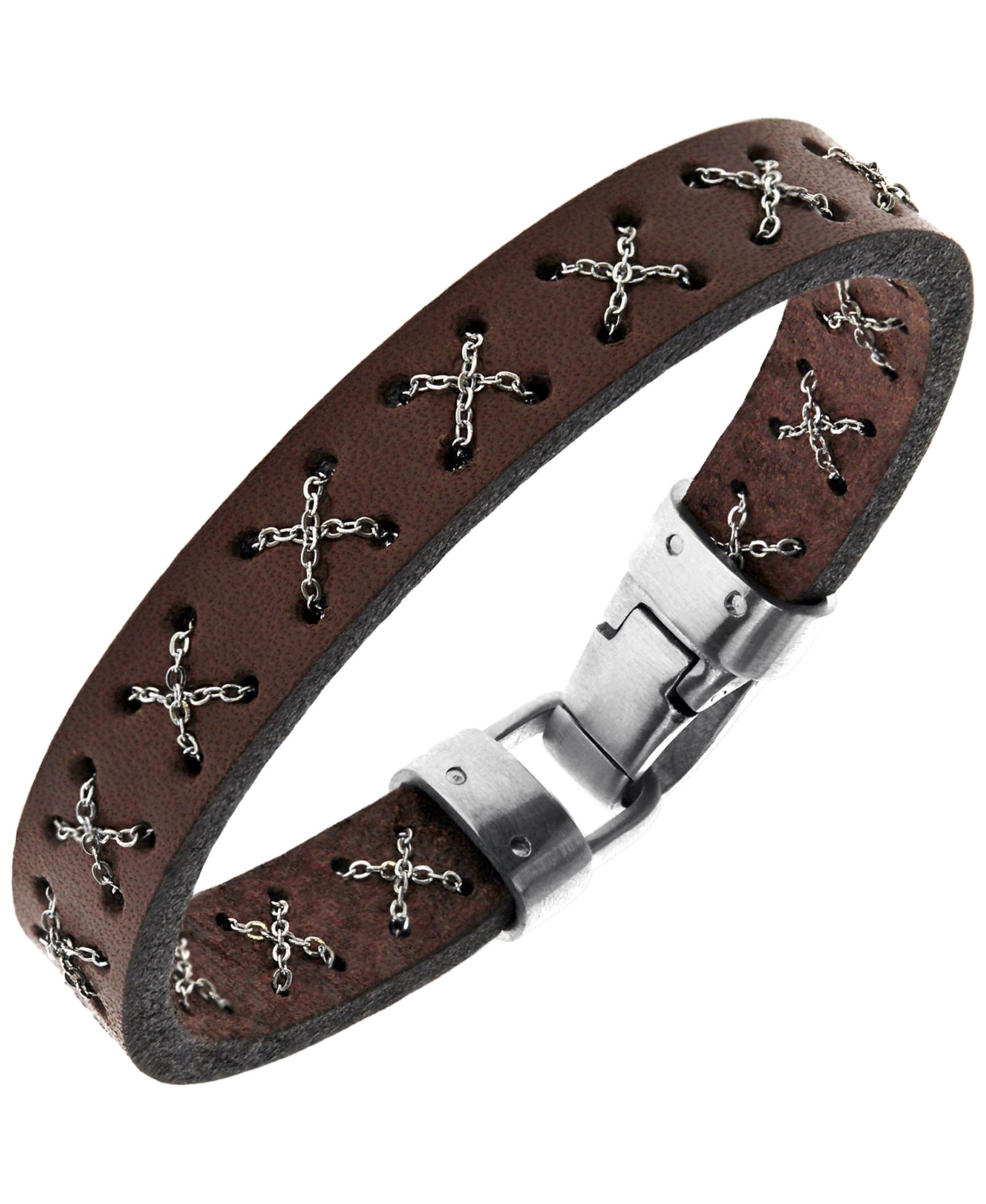 Кожаный браслет Sutton Stainless Steel Crossed Chain коричневый