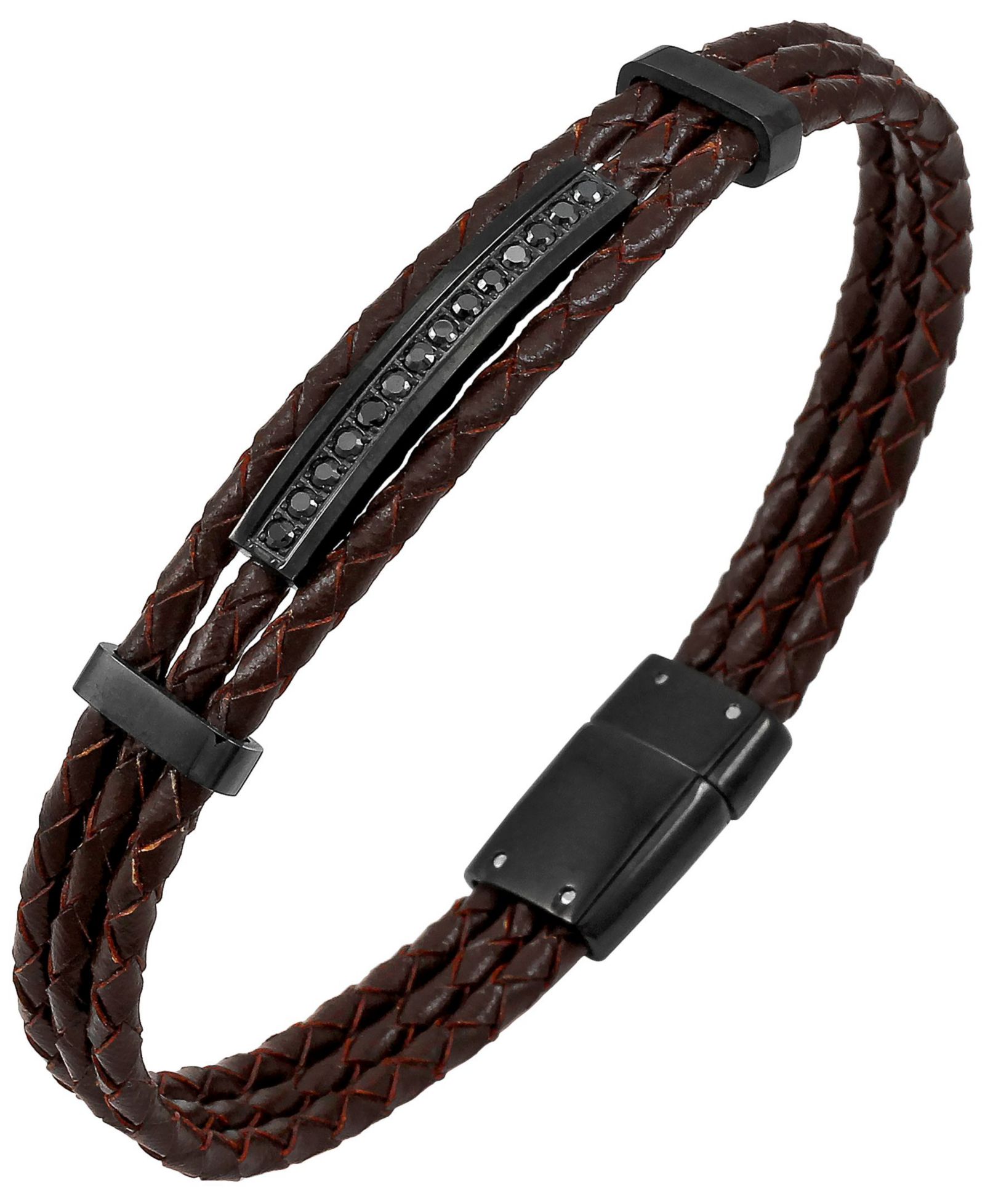Браслет Sutton Stainless Steel And Braided Leather With Cubic Zirconia Stations