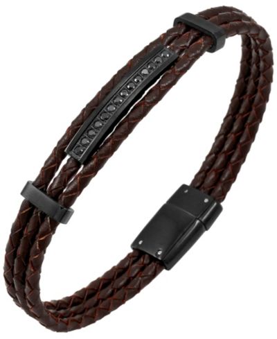Браслет Sutton Stainless Steel And Braided Leather With Cubic Zirconia Stations