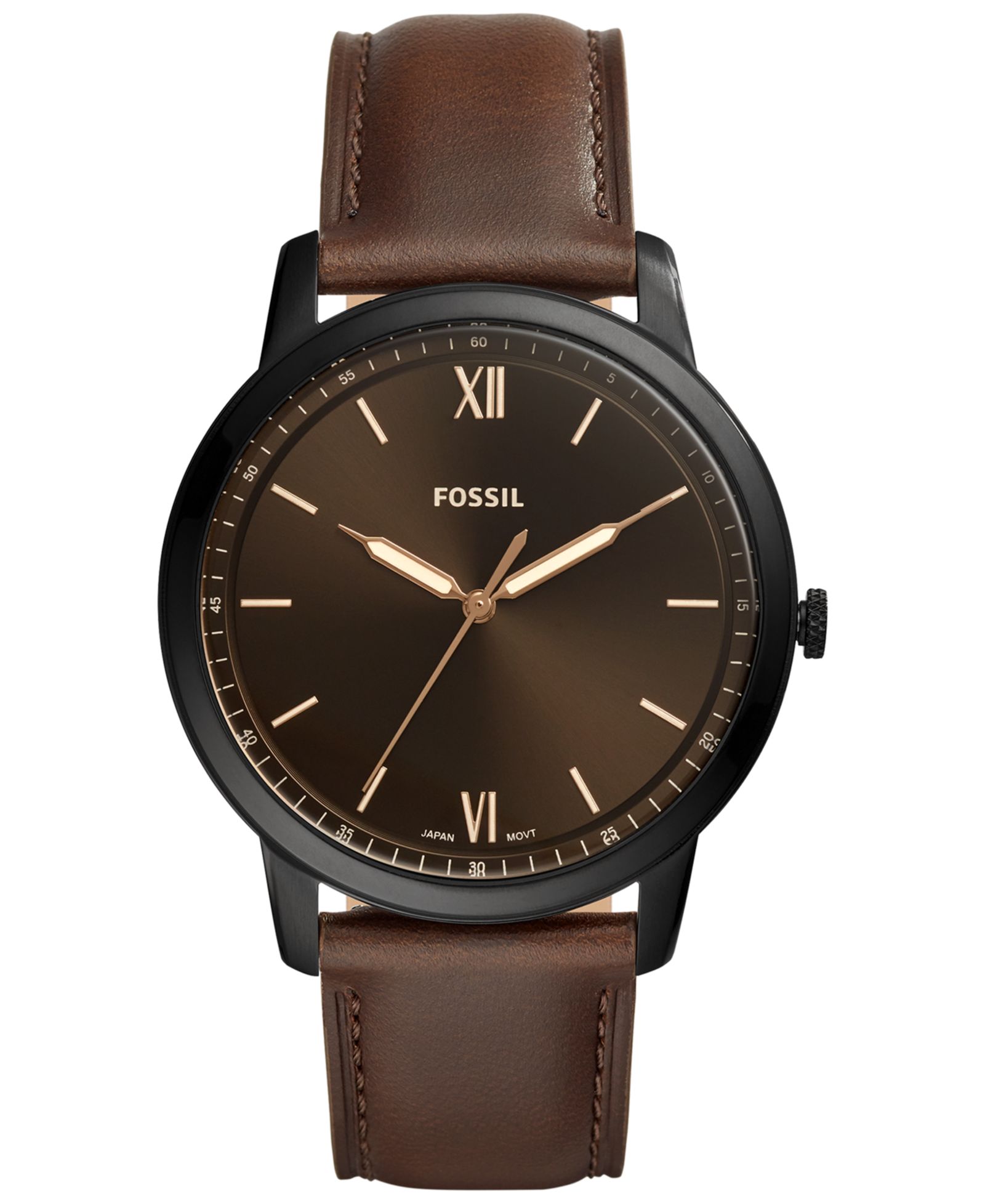 Fossil Мужские минималистичные часы с коричневым кожаным ремешком, 44mm