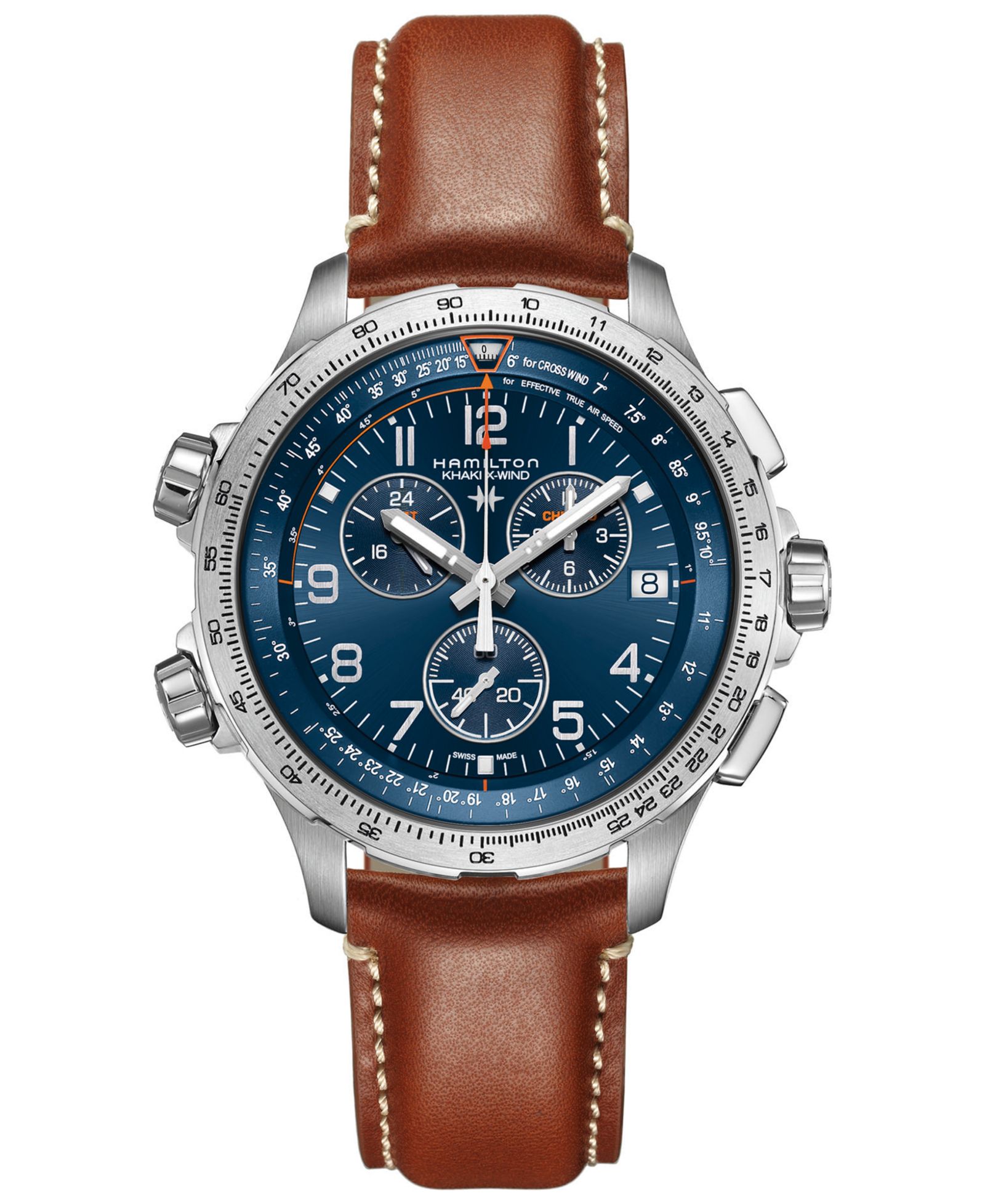 Мужские часы Hamilton Swiss Chronograph Khaki X-Wind GMT Brown Leather Strap 46mm