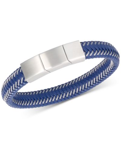 LEGACY for MEN by Simone I. Smith Men's Blue Leather Braided Bracelet in Stainless Steel