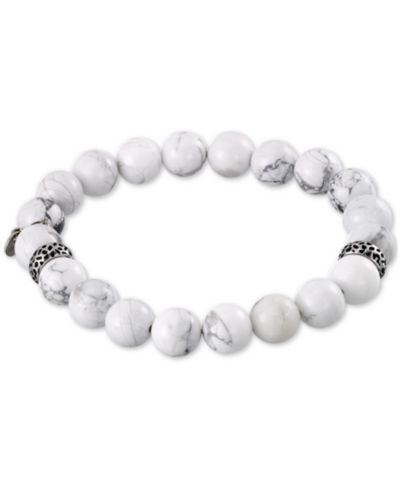 LEGACY for MEN by Simone I. Smith White Agate (10mm) Beaded Stretch Bracelet in Stainless Steel
