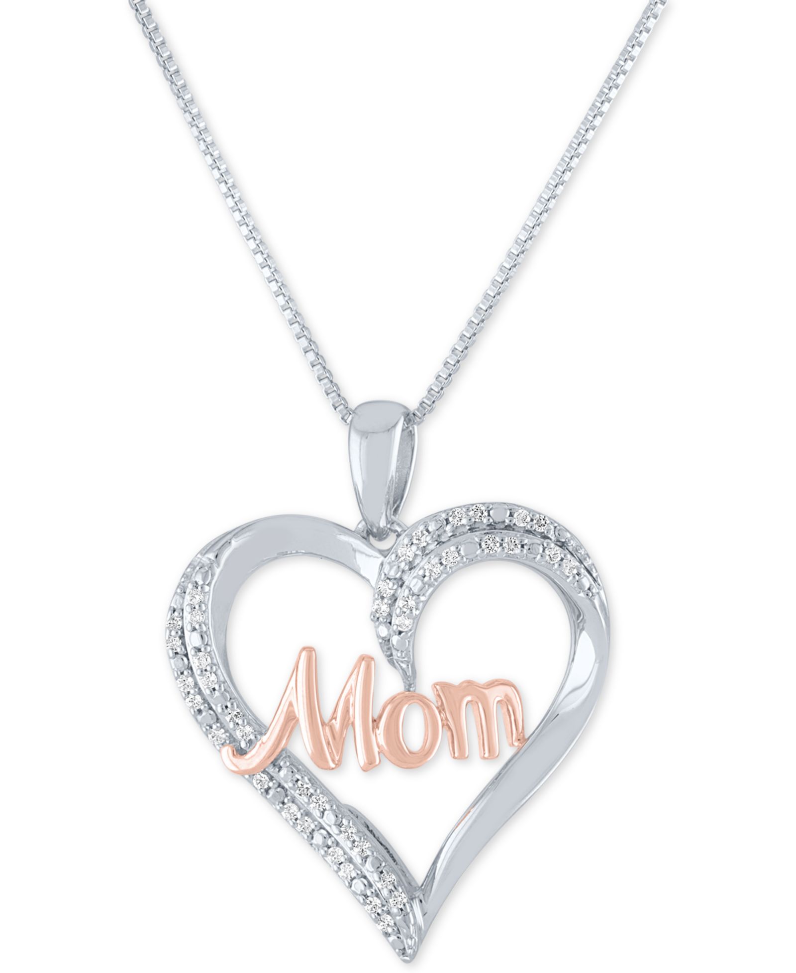 Подвеска-кулон Diamond "Mom" Heart 18" в стерлинговом серебре и 14k Rose Gold Plate