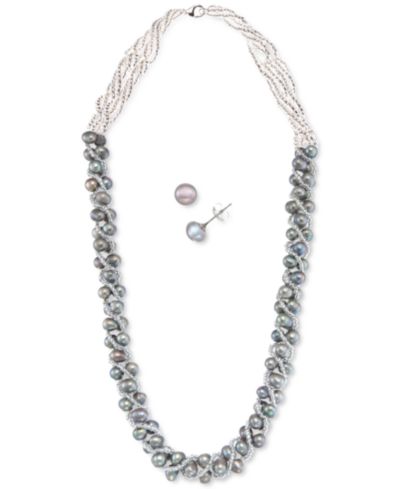 Cultured Freshwater Pearl Woven Necklace (4mm) & Stud Earrings (6mm) Set in Sterling Silver