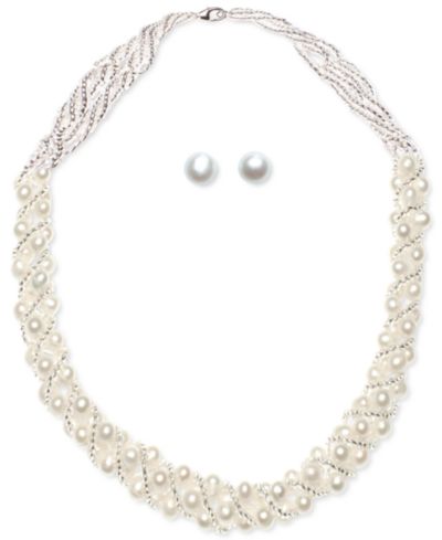 Cultured Freshwater Pearl Woven Necklace (4mm) & Stud Earrings (6mm) Set in Sterling Silver