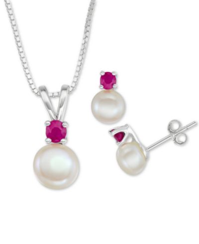 Набор из подвески и сережек Macy's Cultured Freshwater Pearl (6mm-7mm) & Sapphire (1/2 ct. t.w.) 18" в стерлинговом серебре