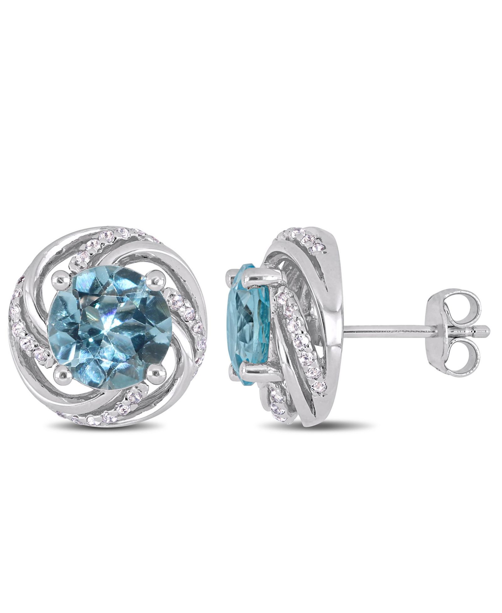 Blue Topaz (4-3/4 ct. t.w.) and White Topaz (1/4 ct.t.w.) Swirl Halo Stud Earrings in Sterling Silver