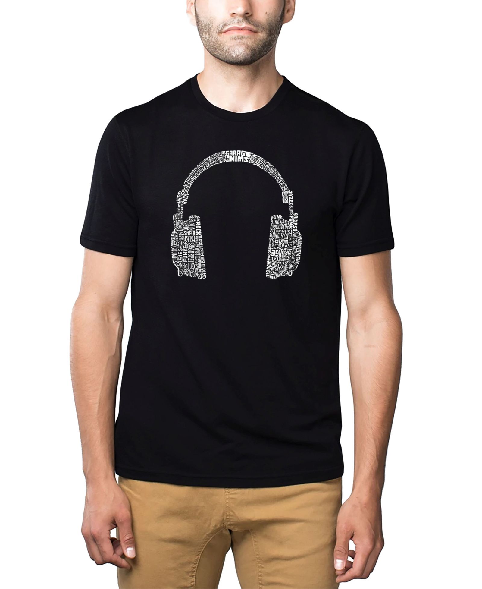 LA Pop Art Men's Cotton/Poly Blend Word Art T-Shirt - Headphones - Music Genres