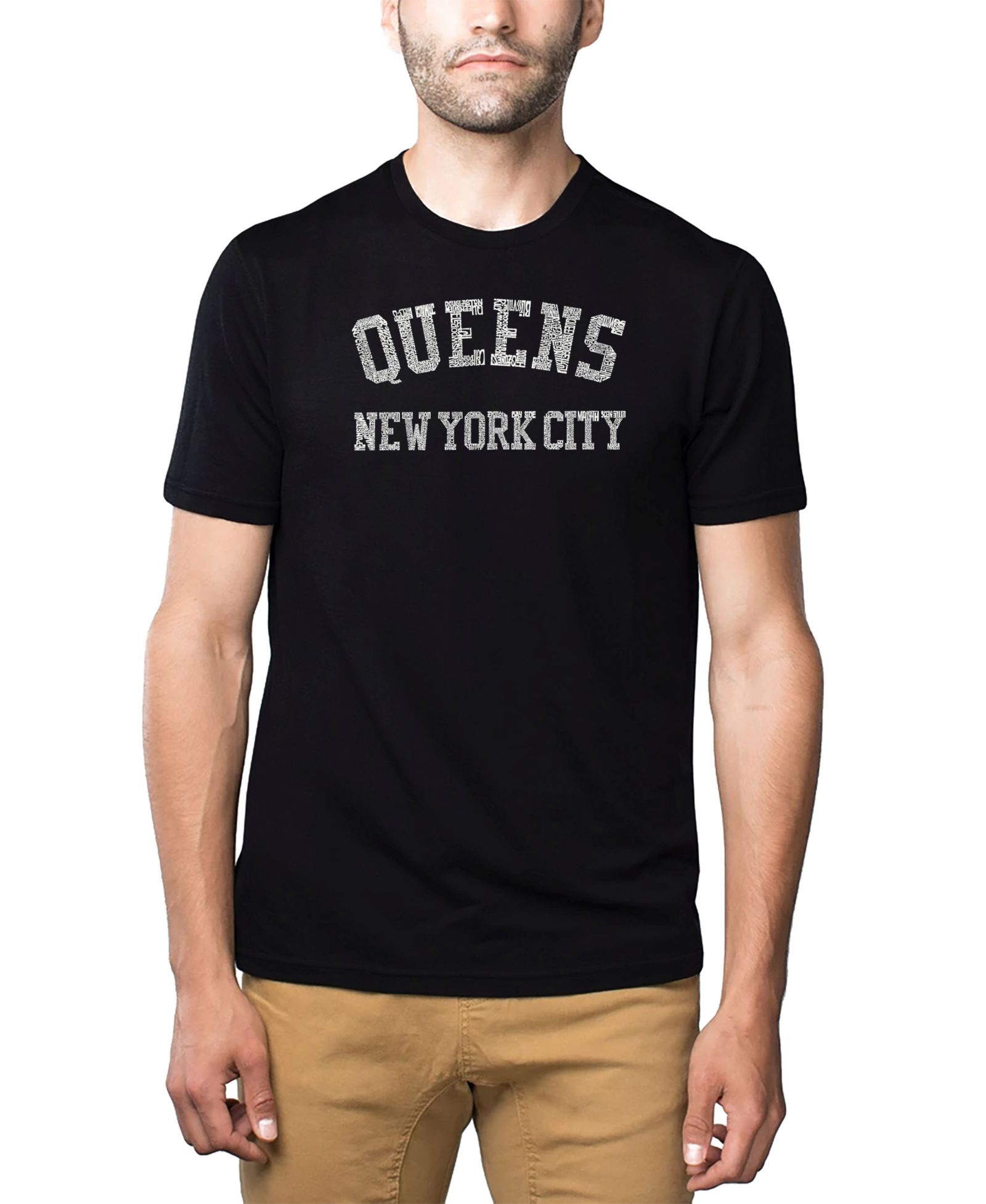 LA Pop Art Men's Cotton/Poly Blend Word Art T-Shirt - Queens NY Neighborhoods