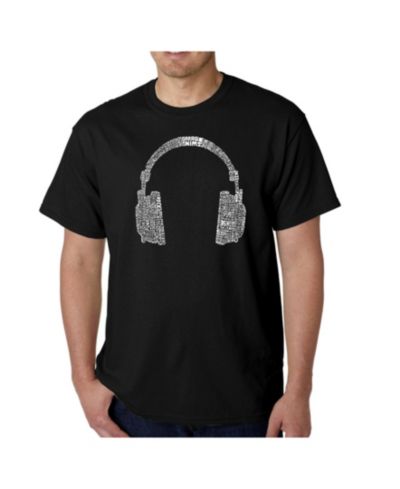 LA Pop Art Mens Word Art T-Shirt - Headphones - 63 Genres of Music