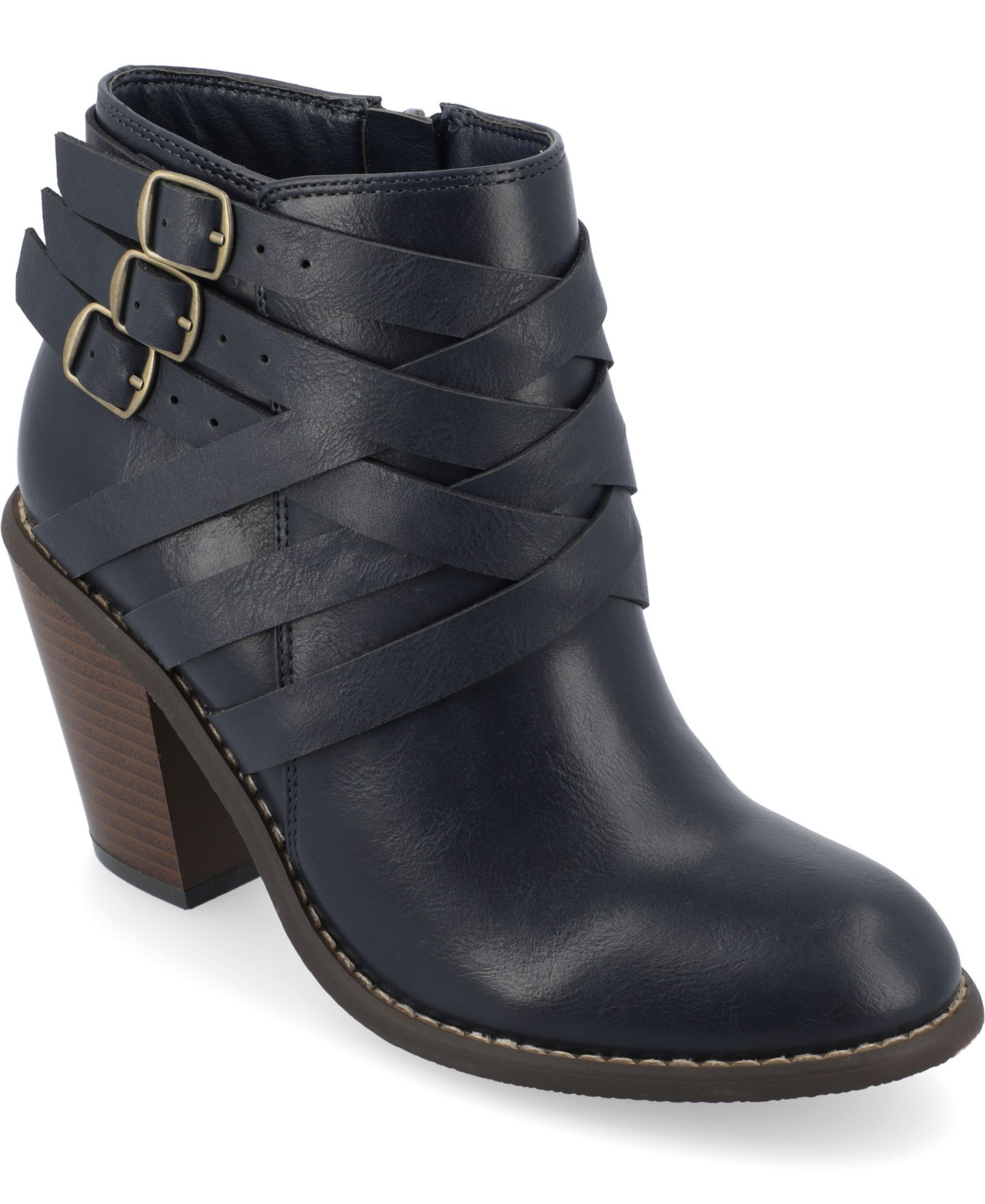 Journee Collection Women's Strap Round Toe Stacked Heel Dress Booties