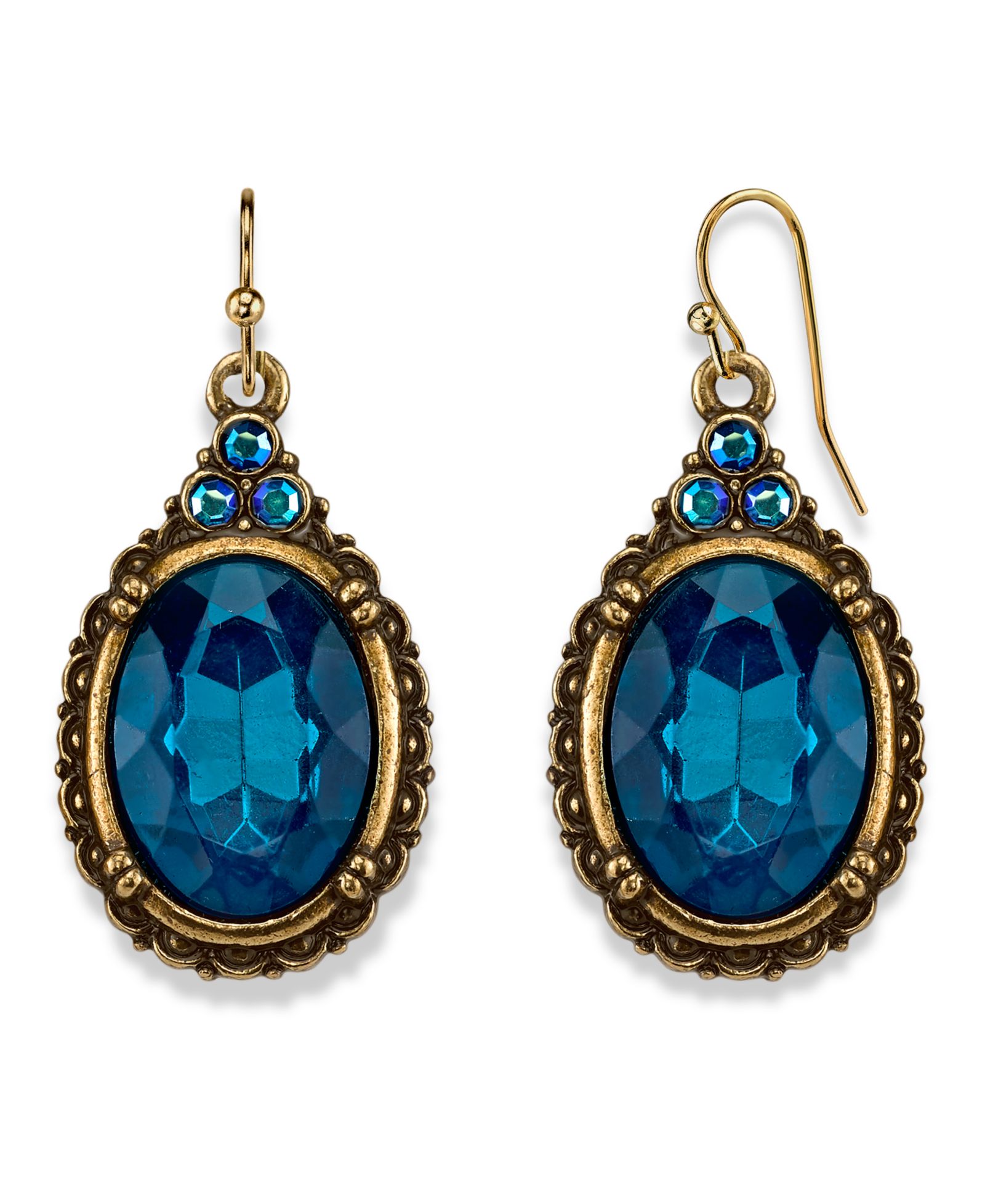 2028 Серьги-подвески с овальными камнями, Burnished Brass-Tone, Indicolite Blue