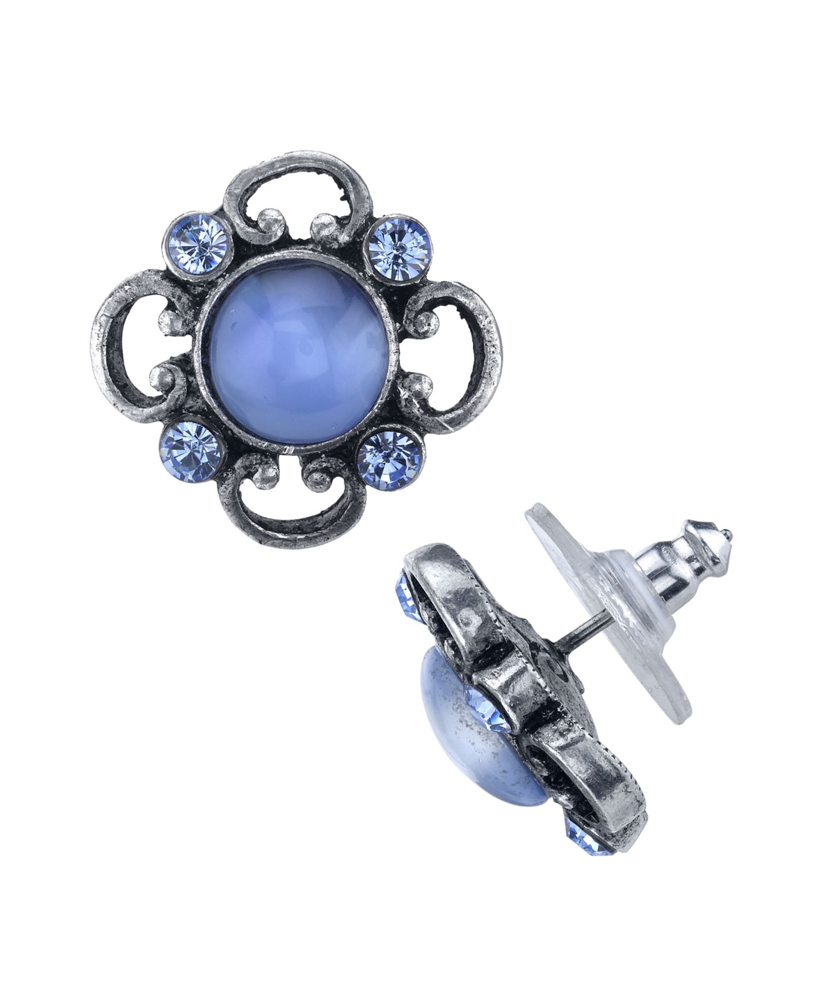 Серьги-гвоздики 2028 Pewter Tone Lt. Blue Moonstone and Crystal Accent Post Button