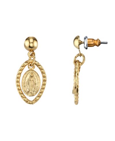 Серьги-подвески 2028 14K Gold-tone Mother Mary Medallion Post Drop