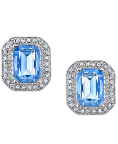 Серьги 2028 Silver-Tone Lt. Sapphire Blue с кристальной восьмиугольной кнопкой